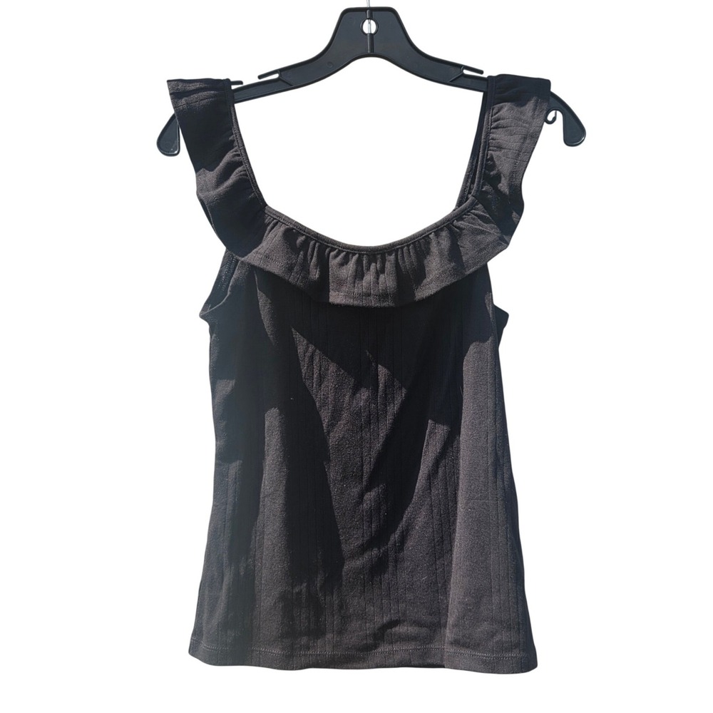 NEW GAP Preppy Ruffle Strap Ribbed Tank Top Black Stretch Medium Soft Normcore